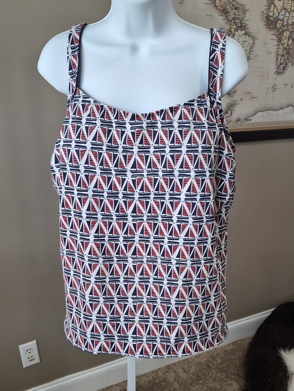 LandscEnd Women's Navy, White & Red Geometric Print Swim Top Size 16